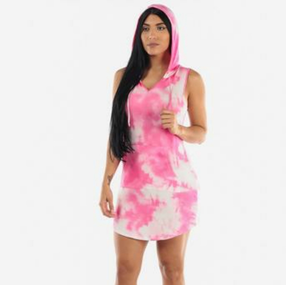 Sleeveless Pink Tie Dye Hoodie Dress - Picture 3 of 3